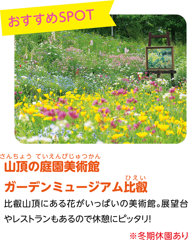 （おすすめSPOT）山頂の庭園美術館ガーデンミュージアム比叡。比叡山頂にある花がいっぱいの美術館。展望台やレストランもあるので休憩にピッタリ！※冬期休園あり